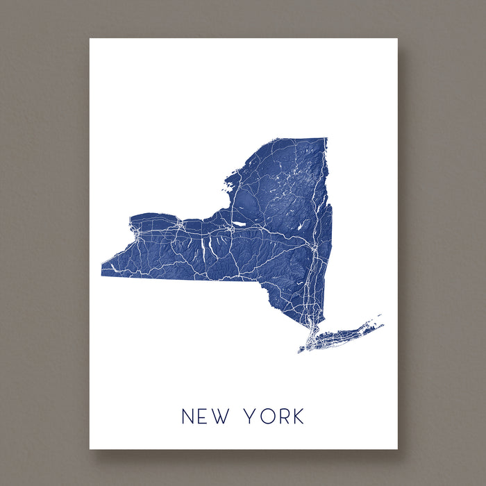 Map of New York state in blue on a white background