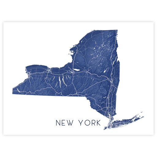 Map of New York state in blue on a white background