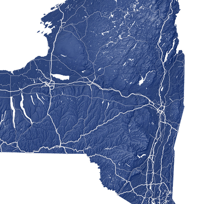 Topographic map of a region with roads and natural features in blue on a white background