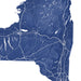 Topographic map of a region with roads and natural features in blue on a white background