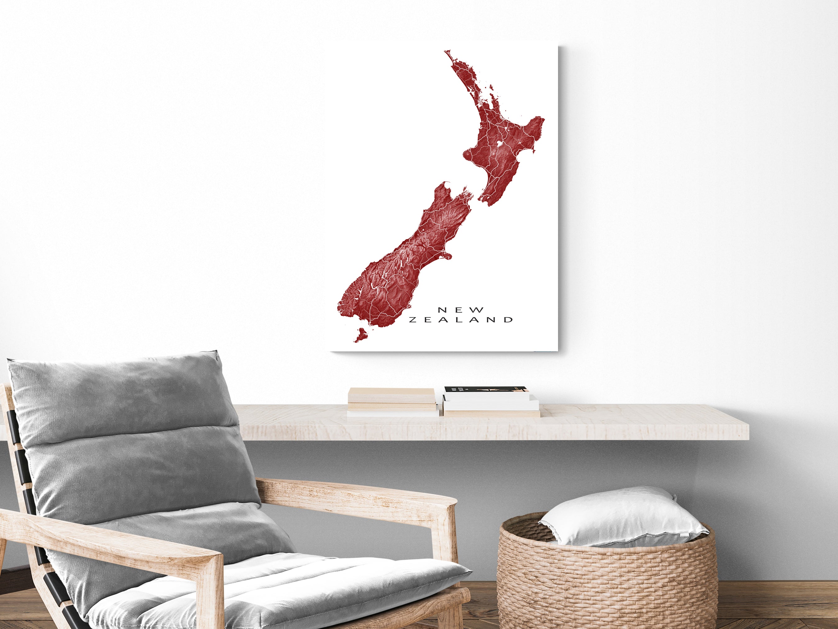 New Zealand Map Wall Art Print Poster, Topographic NZ Country Road Map