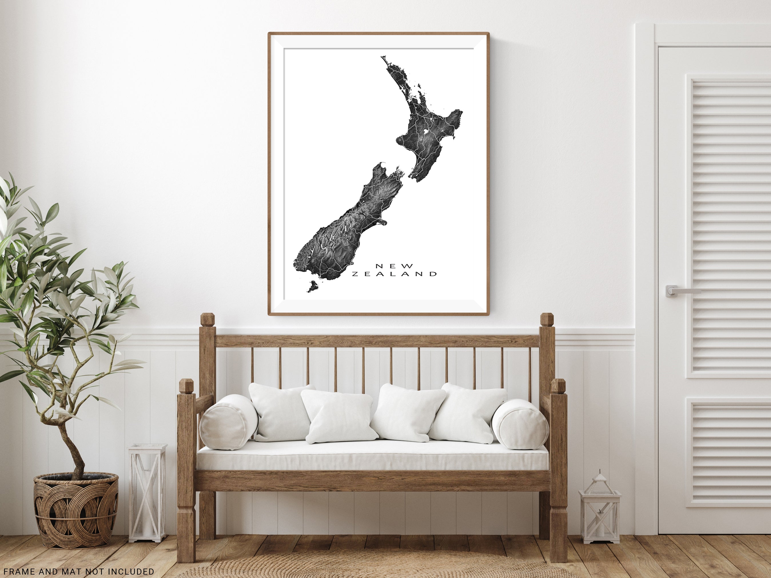 New Zealand Map Wall Art Print Poster, Topographic NZ Country Road Map