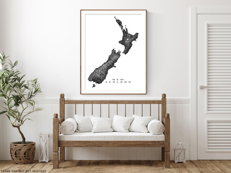 New Zealand map print with natural landscape and main roads designed by Maps As Art.