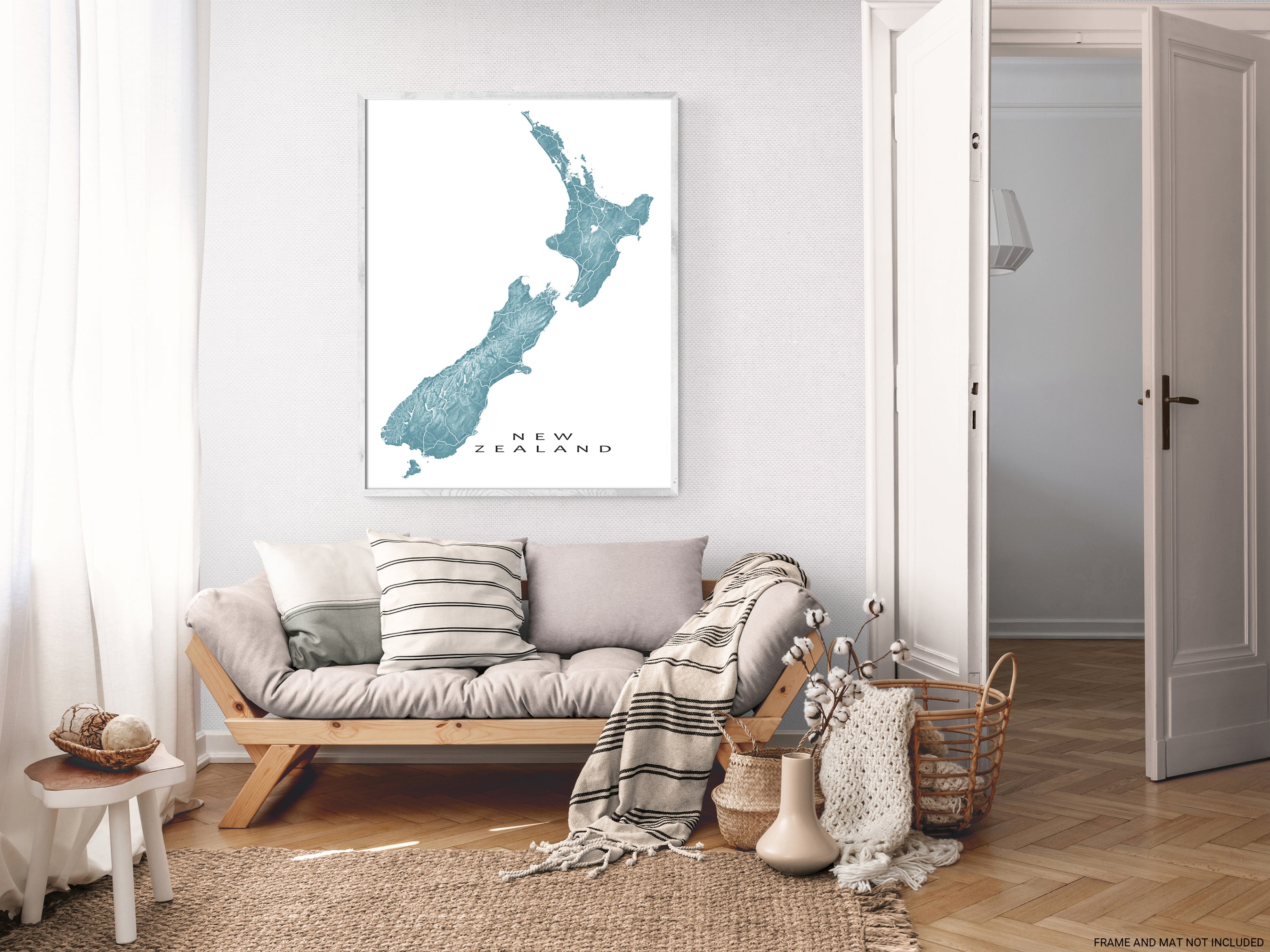 New Zealand Map Wall Art Print Poster, Topographic NZ Country Road Map