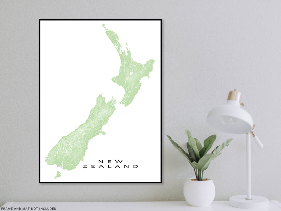 New Zealand map print with natural landscape and main roads designed by Maps As Art.