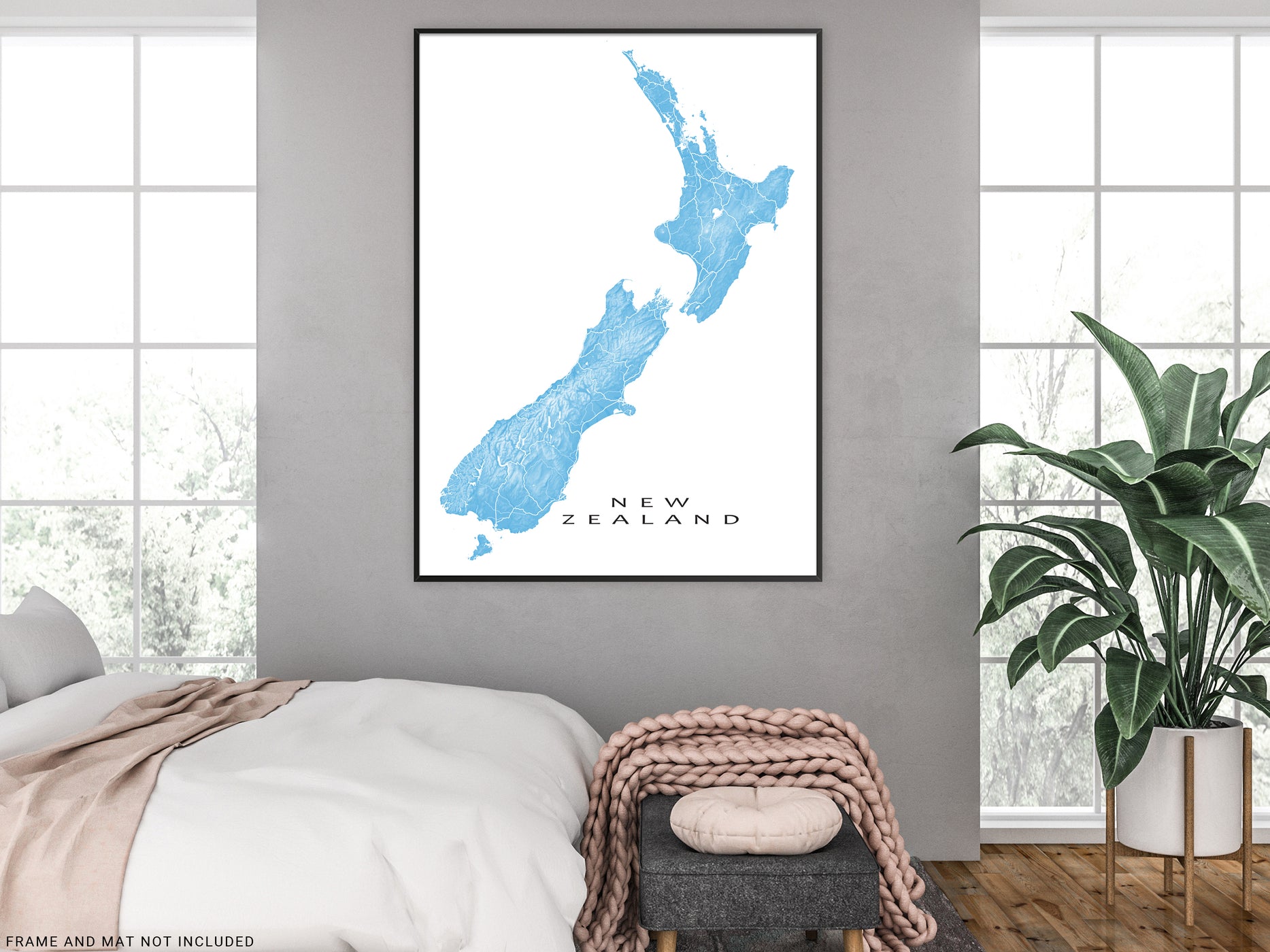 New Zealand Map Wall Art Print Poster, Topographic NZ Country Road Map