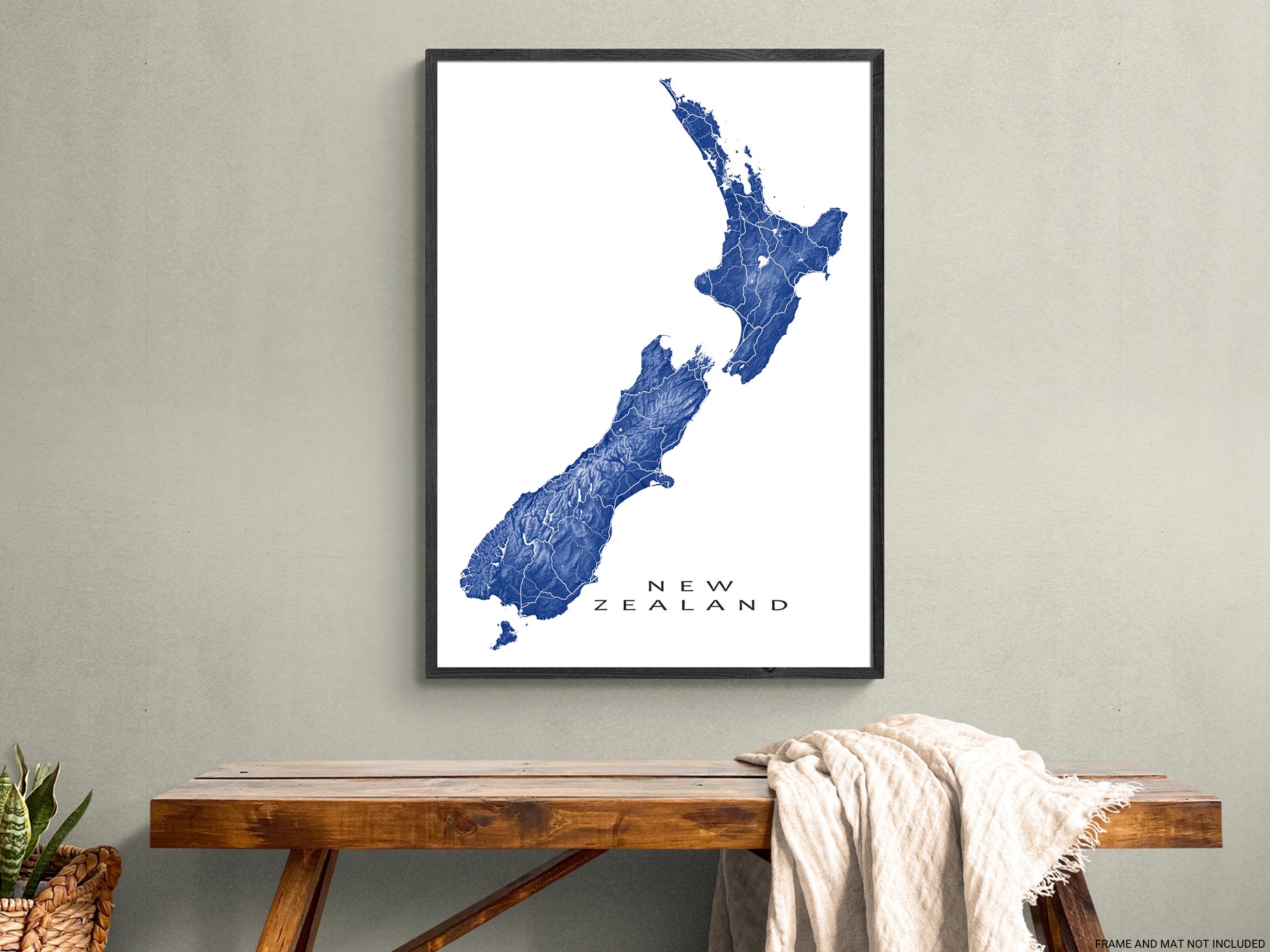 New Zealand Map Wall Art Print Poster, Topographic NZ Country Road Map