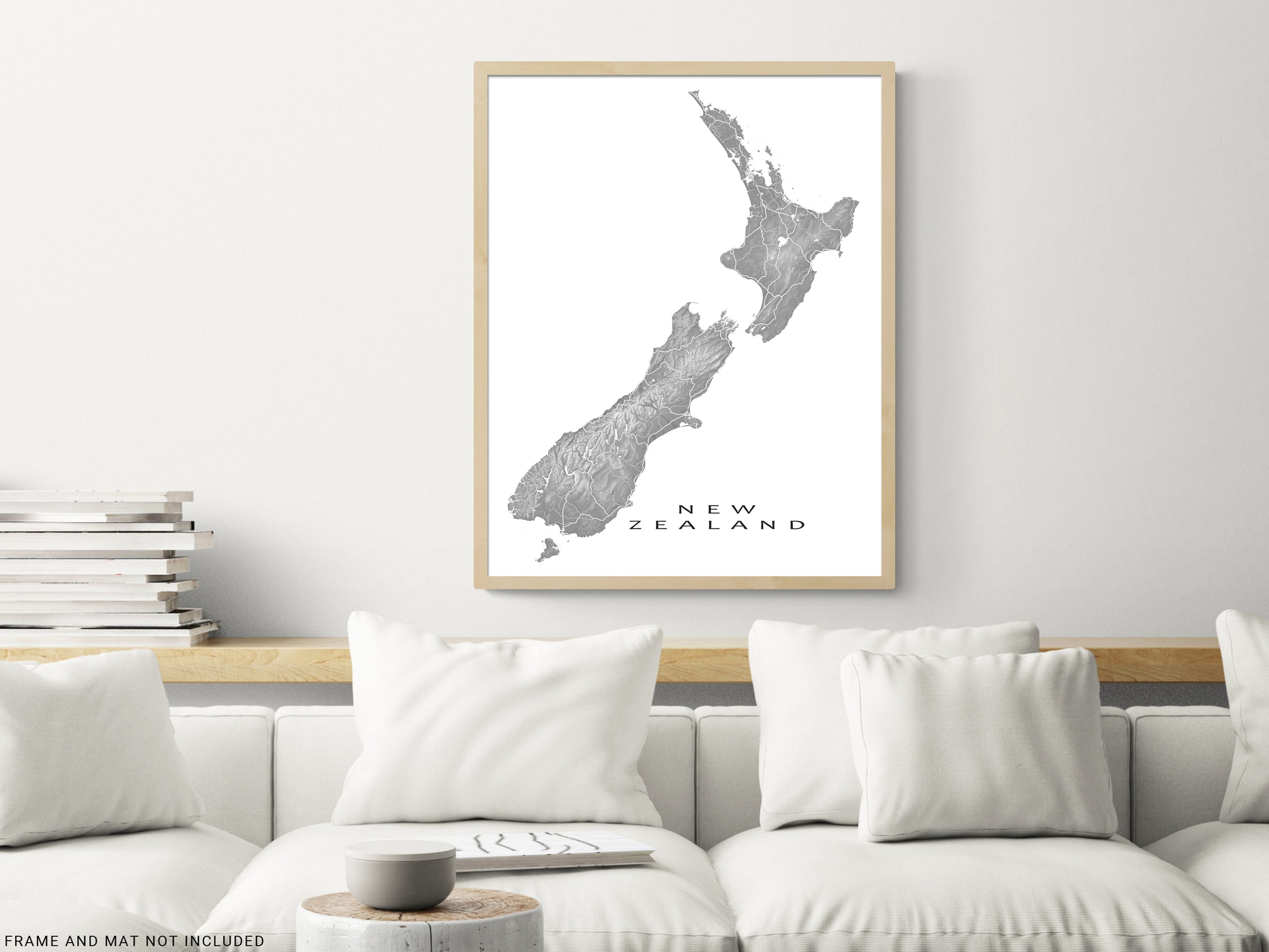 New Zealand Map Wall Art Print Poster, Topographic NZ Country Road Map