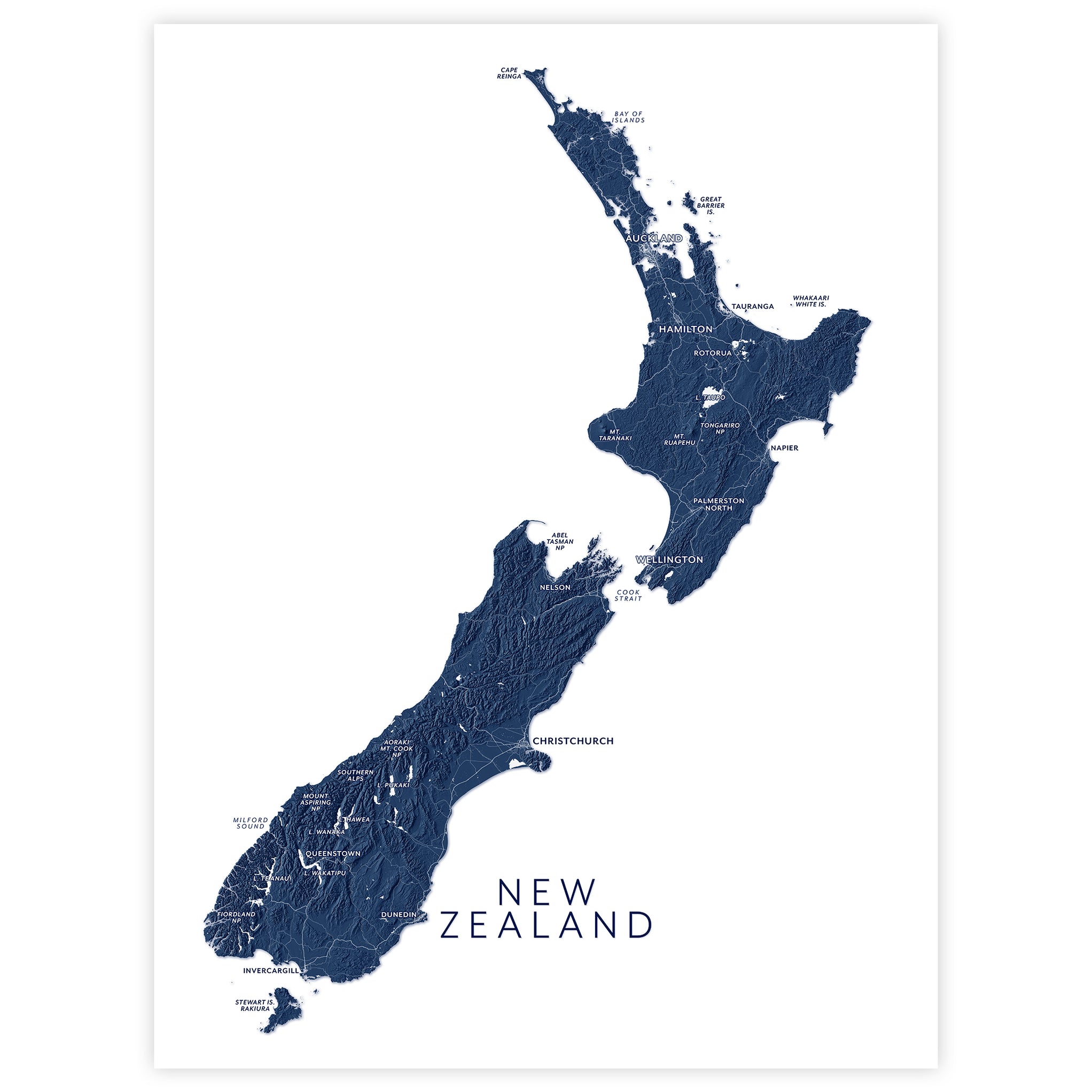New Zealand Labeled Topographic Map Print: NZ Wall Art Poster — Maps As Art