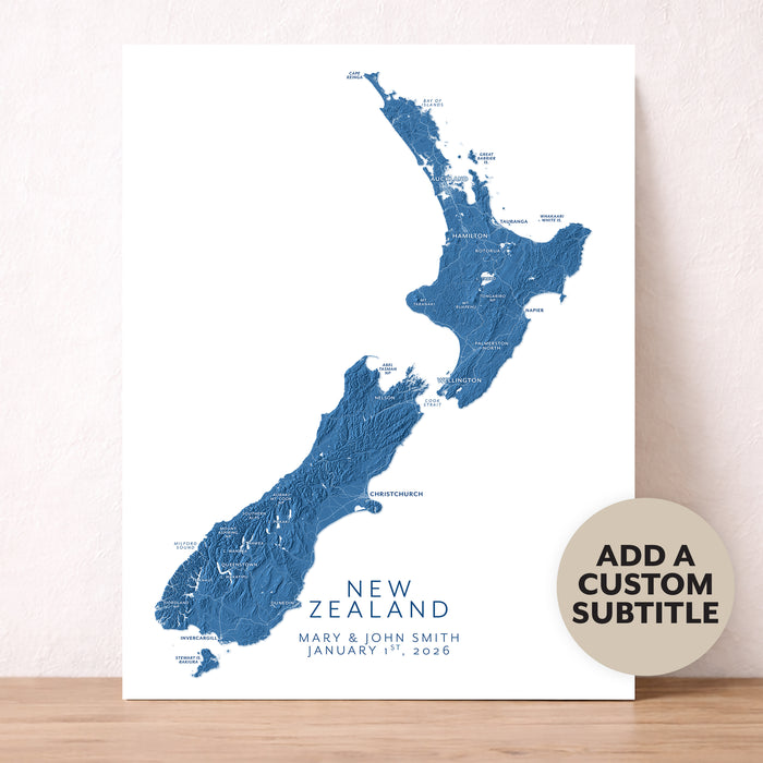 Map of New Zealand on a white background with a customizable subtitle option.