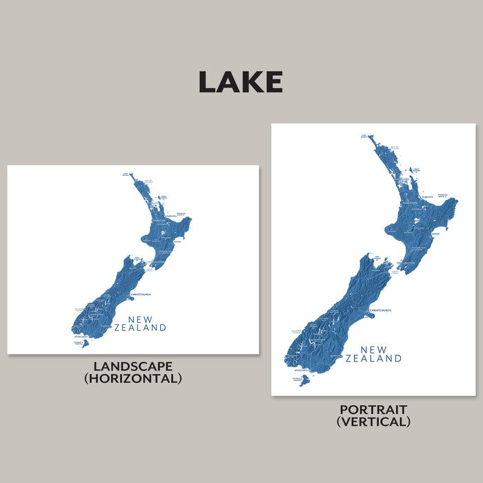 Two map prints of New Zealand, one landscape and one portrait, on a gray background.