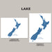 Two map prints of New Zealand, one landscape and one portrait, on a gray background.