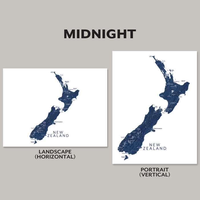 Two map prints of New Zealand, one landscape and one portrait, on a gray background.
