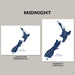 Two map prints of New Zealand, one landscape and one portrait, on a gray background.