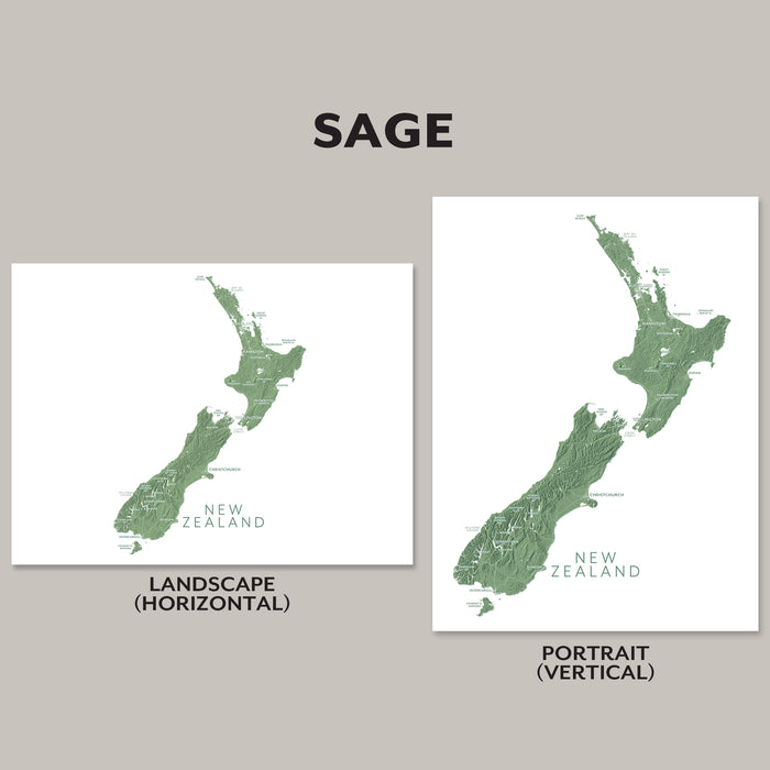 Two maps of New Zealand in green on a gray background with 'SAGE' at the top.