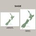 Two maps of New Zealand in green on a gray background with 'SAGE' at the top.