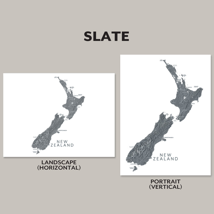 Two map prints of New Zealand on a gray background with 'Slate' text above.