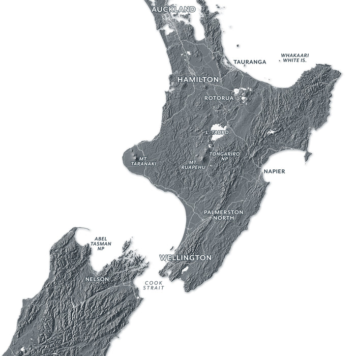 Topographic map of New Zealand's North Island with labeled cities.