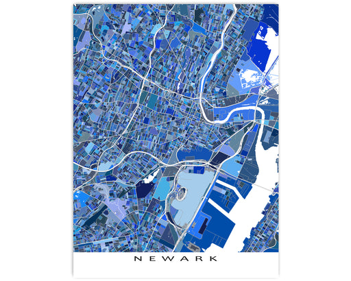 Newark, New Jersey map art print in blue shapes designed by Maps As Art.