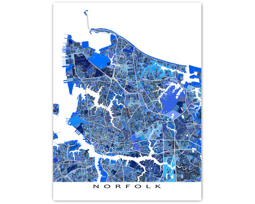 Norfolk, Virginia map art print in blue shapes designed by Maps As Art.