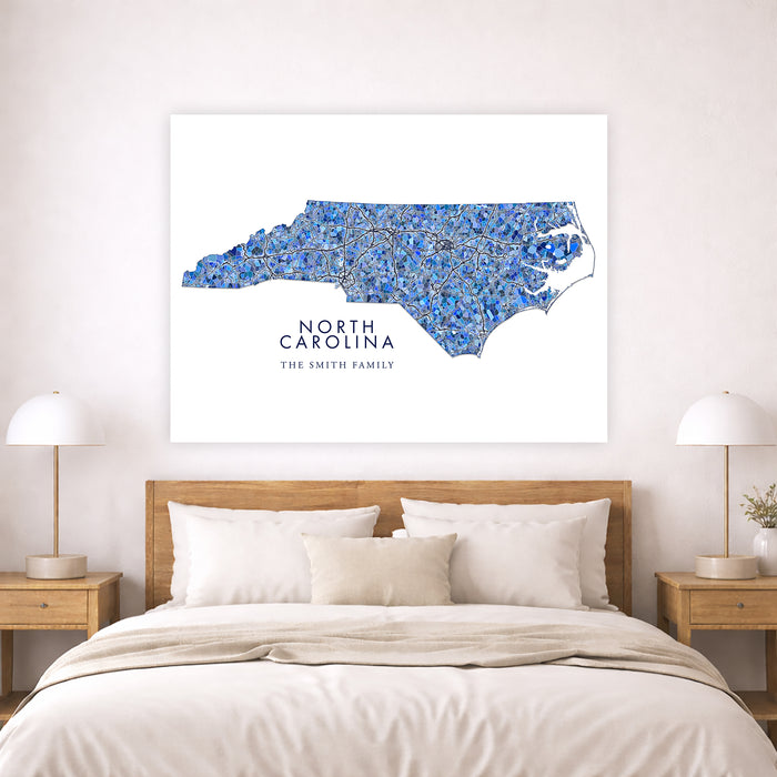 North Carolina Map Wall Art Print: Blue Mosaic Geometric Design (Custom Subtitle)