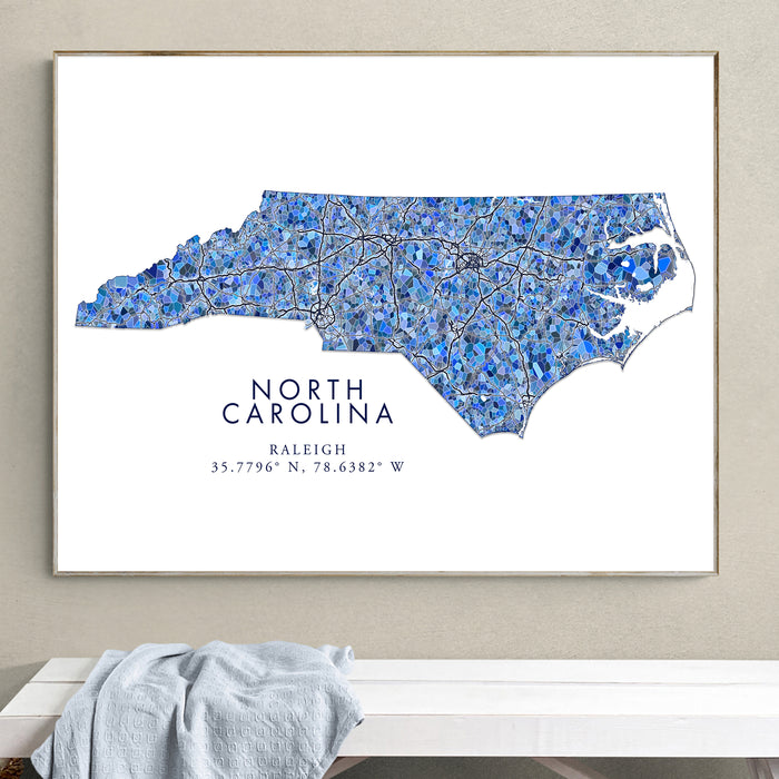 North Carolina Map Wall Art Print: Blue Mosaic Geometric Design (Custom Subtitle)