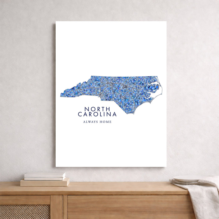 North Carolina Map Wall Art Print: Blue Mosaic Geometric Design (Custom Subtitle)