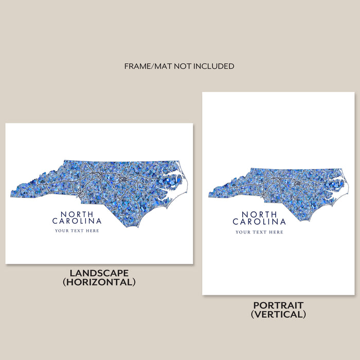 North Carolina Map Wall Art Print: Blue Mosaic Geometric Design (Custom Subtitle)