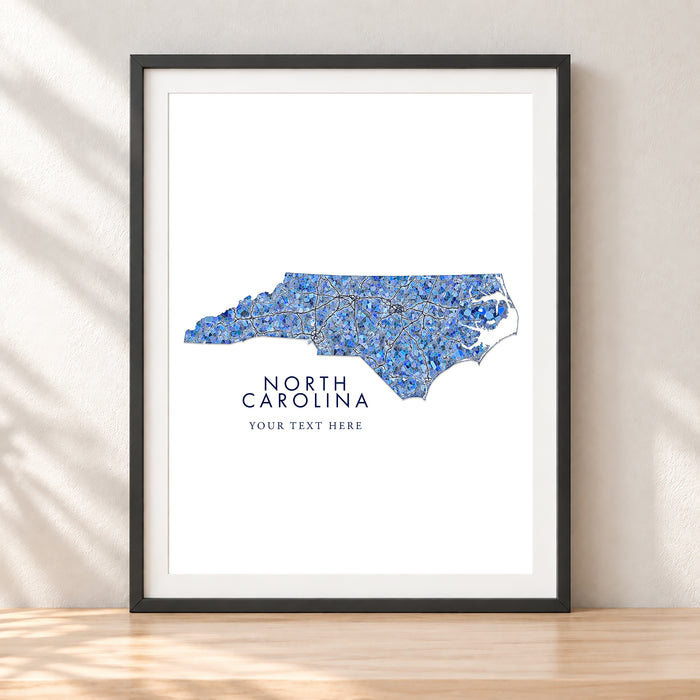 North Carolina Map Wall Art Print: Blue Mosaic Geometric Design (Custom Subtitle)