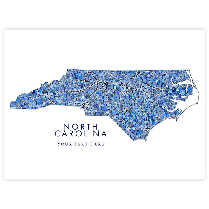 North Carolina Map Wall Art Print: Blue Mosaic Geometric Design (Custom Subtitle)