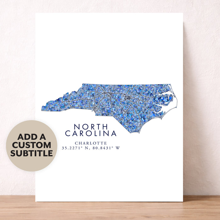 North Carolina Map Wall Art Print: Blue Mosaic Geometric Design (Custom Subtitle)