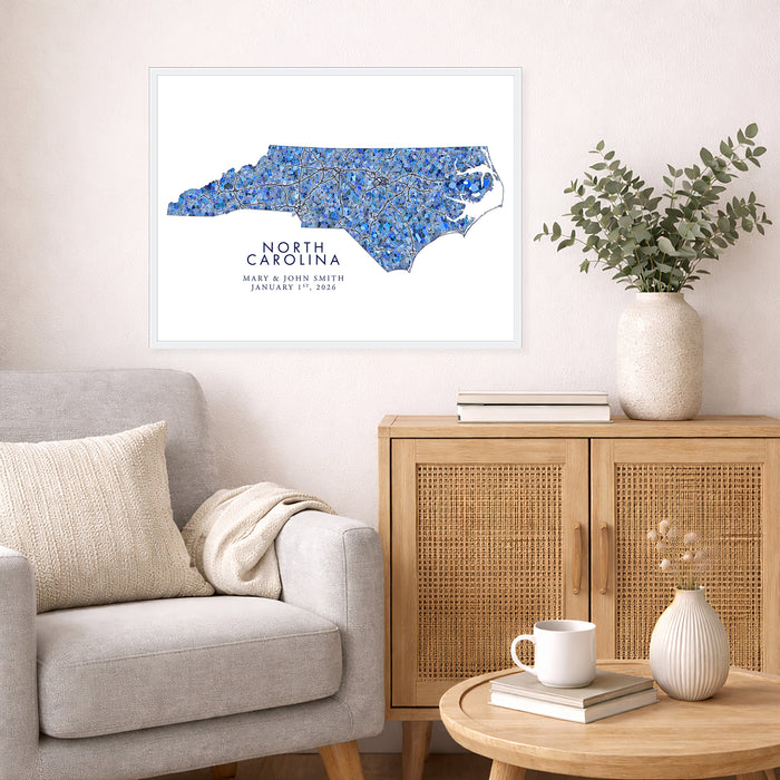 North Carolina Map Wall Art Print: Blue Mosaic Geometric Design (Custom Subtitle)