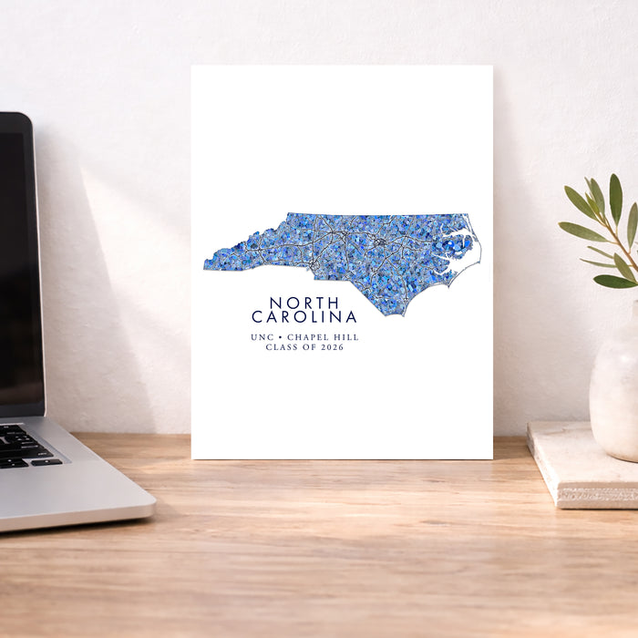 North Carolina Map Wall Art Print: Blue Mosaic Geometric Design (Custom Subtitle)