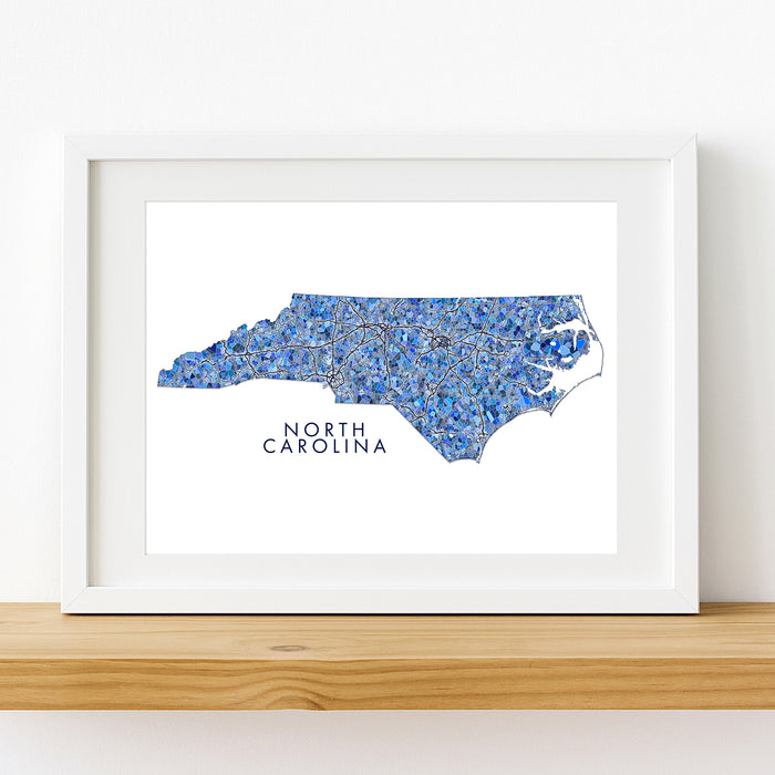 North Carolina Map Wall Art Print: Blue Mosaic Geometric Design (Custom Subtitle)