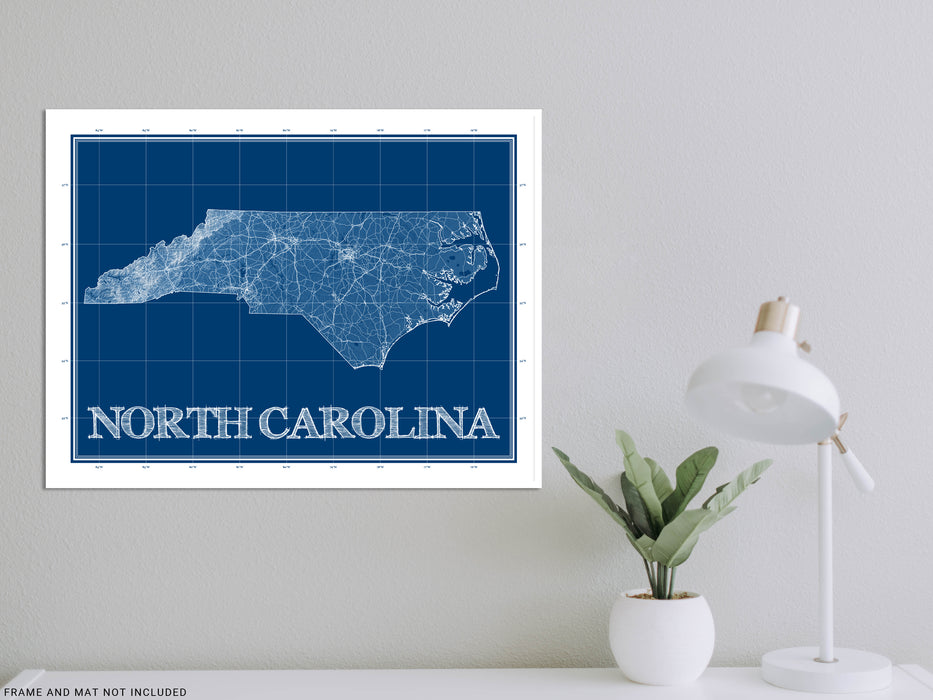 North Carolina state blueprint map art print designed by Maps As Art.