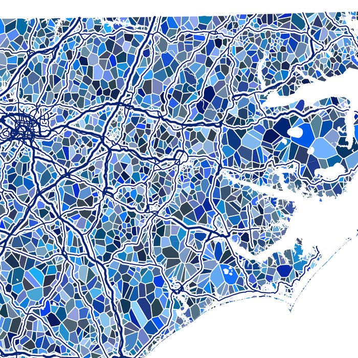 Map of a city with a mosaic of blue and gray tiles