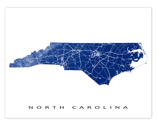 North Carolina state map print with natural landscape and main roads designed by Maps As Art.