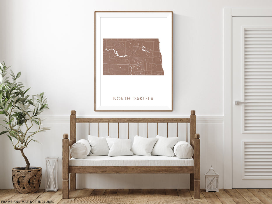 North Dakota state map print with a 3D topographic landscape design by Maps As Art.