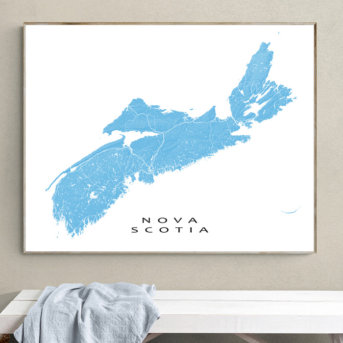 Map of Nova Scotia framed on a wall above a bench.