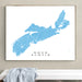 Map of Nova Scotia framed on a wall above a bench.
