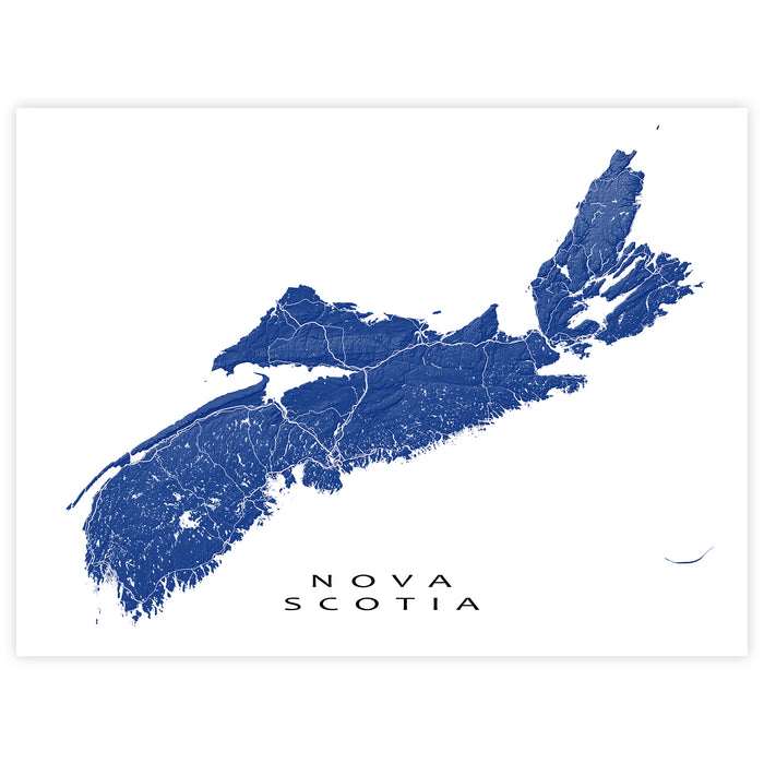 Map of Nova Scotia in blue on a white background