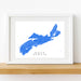 Framed map of Nova Scotia in blue on a white background