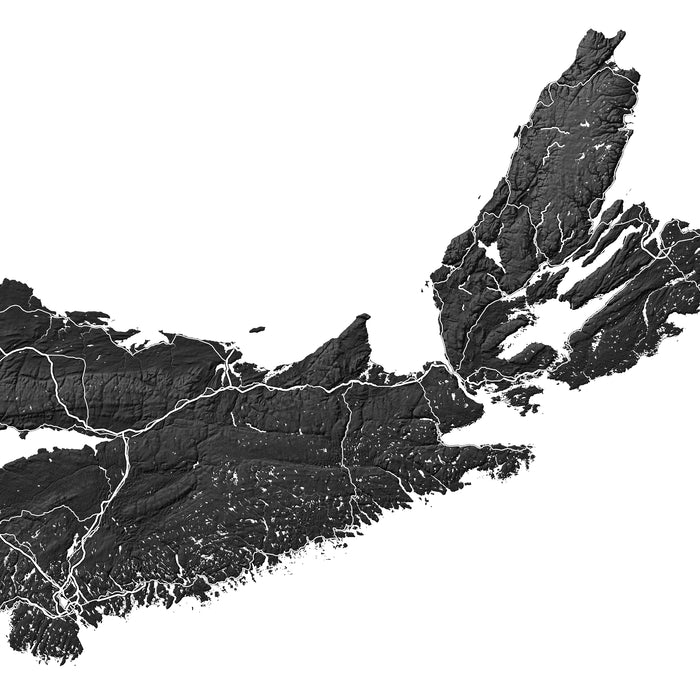 Map of Nova Scotia including Cape Breton in black on a white background