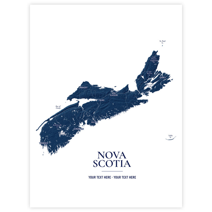 A minimalist map print of Nova Scotia in dark navy blue on a white background, with the words 'NOVA SCOTIA' and placeholder text below.