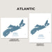 Two Nova Scotia map art prints shown side by side on a light beige background, labeled Atlantic. The left print is landscape (horizontal) and the right is portrait (vertical).