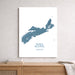 A vertical white art print featuring a blue topographic map of Nova Scotia with the text 'NOVA SCOTIA' and 'OUR HOME - HALIFAX' near the bottom, displayed on a light gray wall above a wooden console table.