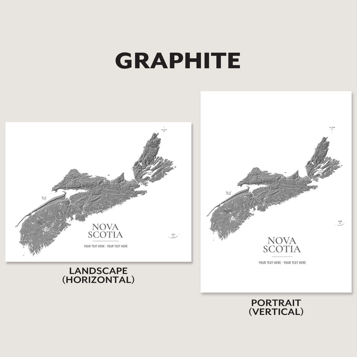 A product presentation showing two versions of a Nova Scotia map print in graphite gray on white paper: a landscape (horizontal) version and a portrait (vertical) version, displayed side-by-side on a light beige background with descriptive text labels.