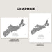 A product presentation showing two versions of a Nova Scotia map print in graphite gray on white paper: a landscape (horizontal) version and a portrait (vertical) version, displayed side-by-side on a light beige background with descriptive text labels.