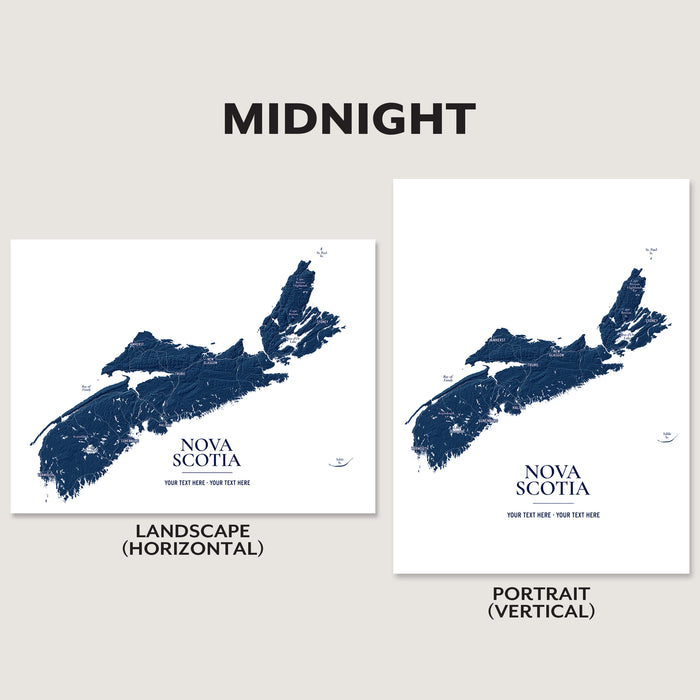 Two Nova Scotia map art prints shown side by side on a light beige background, labeled Midnight. The left print is landscape (horizontal) and the right is portrait (vertical), both in white with a dark blue map design and the text 'NOVA SCOTIA'.