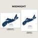Two Nova Scotia map art prints shown side by side on a light beige background, labeled Midnight. The left print is landscape (horizontal) and the right is portrait (vertical), both in white with a dark blue map design and the text 'NOVA SCOTIA'.